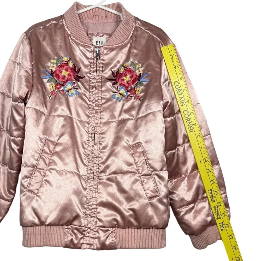 GAP Kids Rose Gold Satin Quilted Bomber Jacket Floral Embroidered Puffer, Small